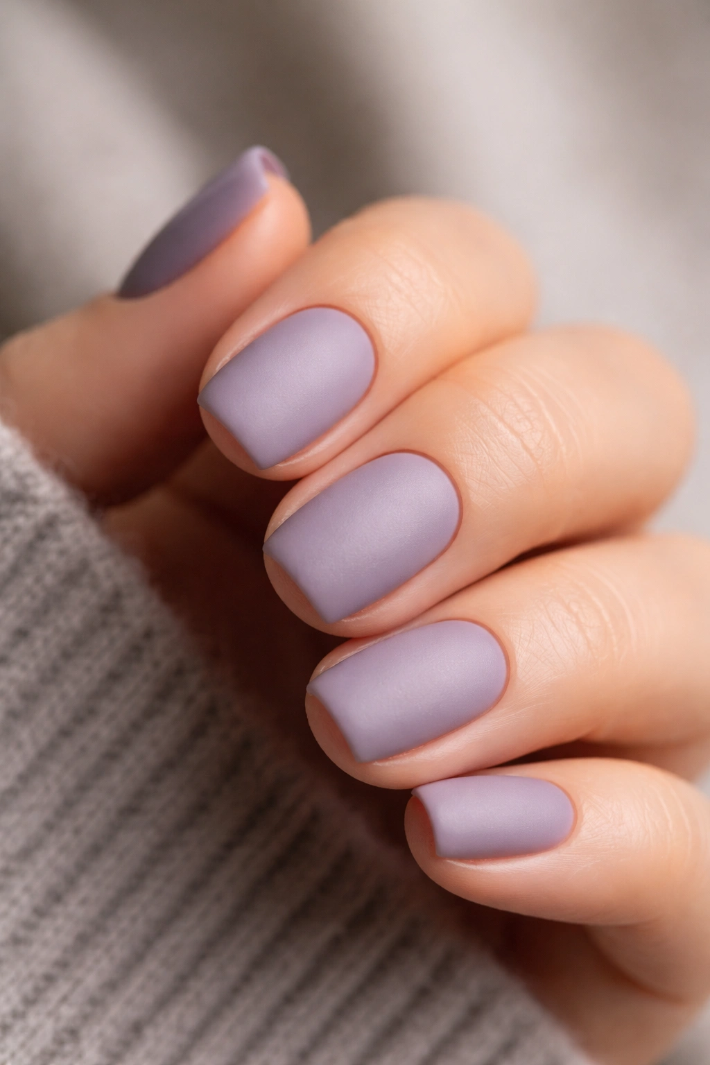 Close-up of soft lavender matte nails on short squoval shape