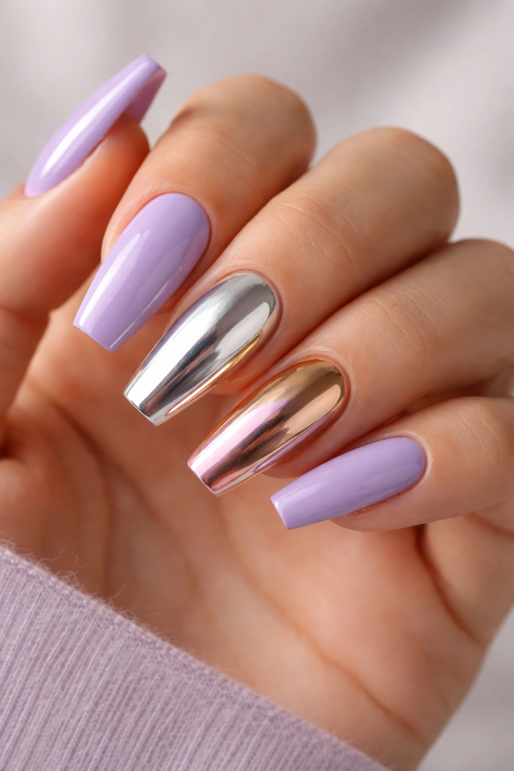 Close-up of lavender nails with metallic accent on an accent nail.