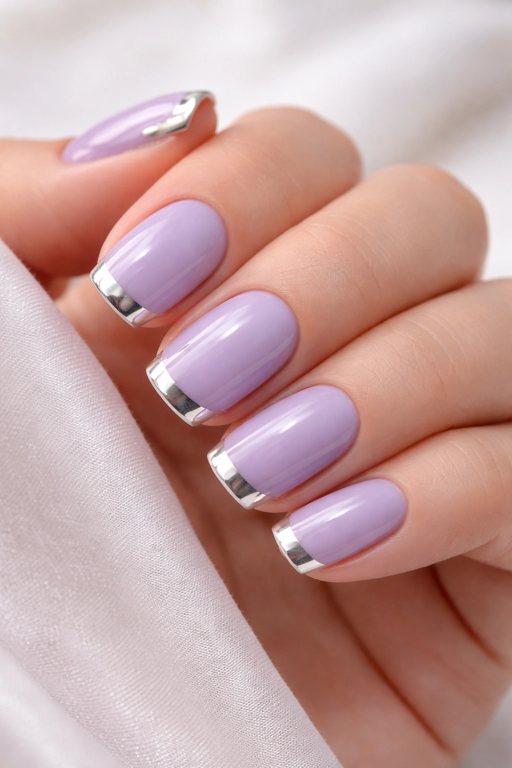 Close-up of soft lavender nails with metallic tips on short squoval shape