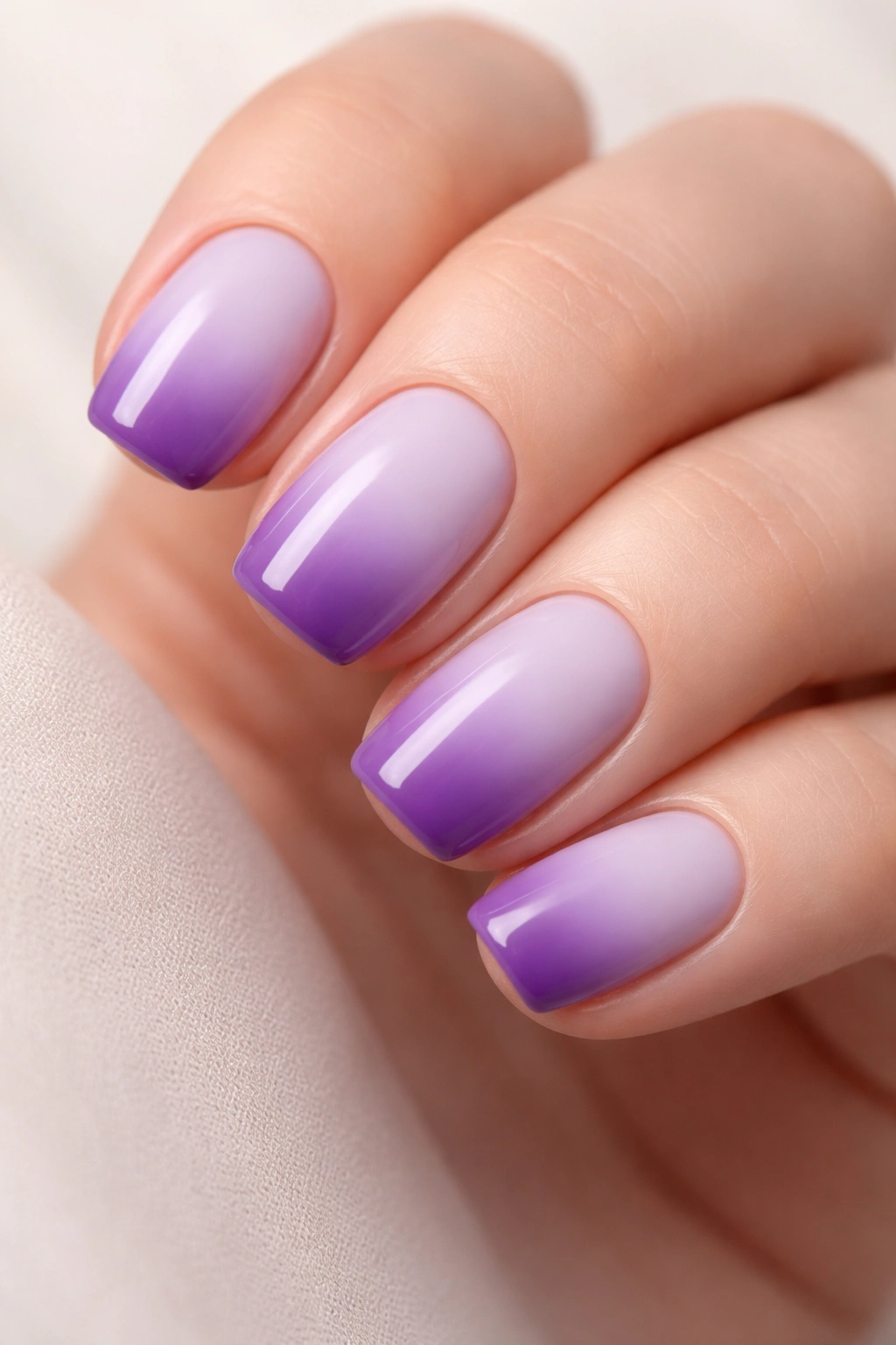 Close-up of lavender nails with purple ombré at the base