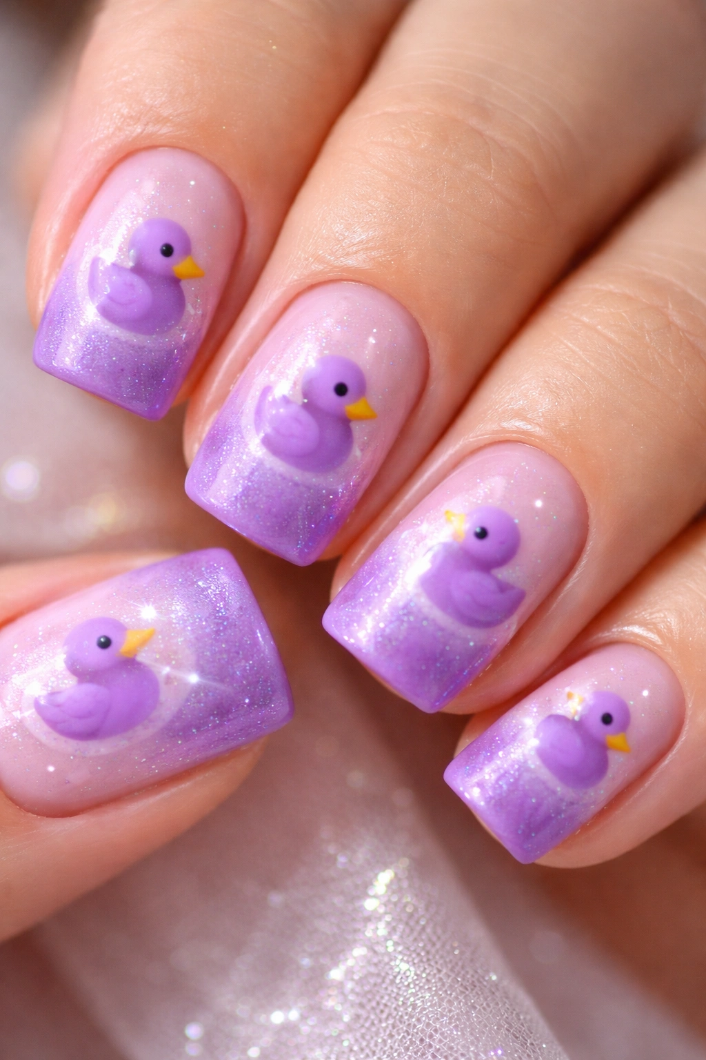 Close-up of lavender to purple ombre nails with purple ducks and pearl finish