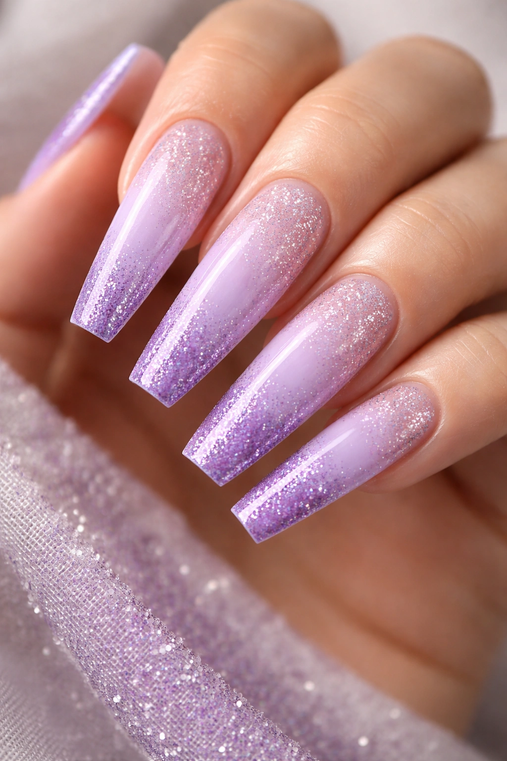 Lavender coffin nails with dual ombre including glitter accent