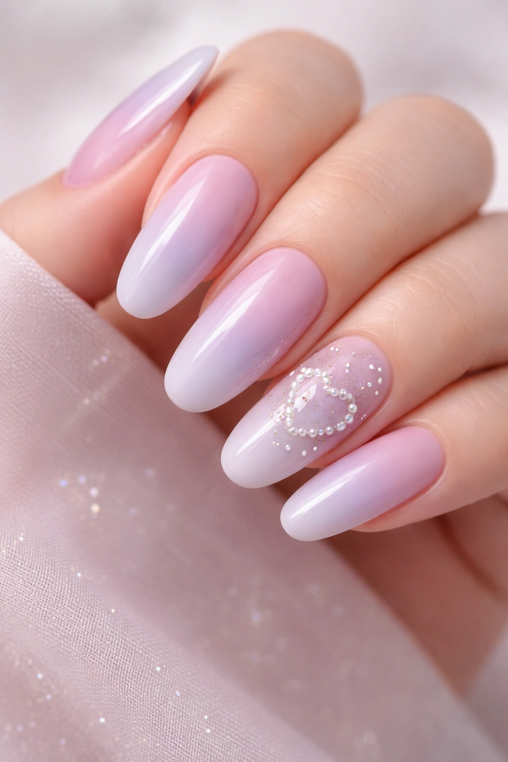Soft lavender nails with ombre and pearl heart accents