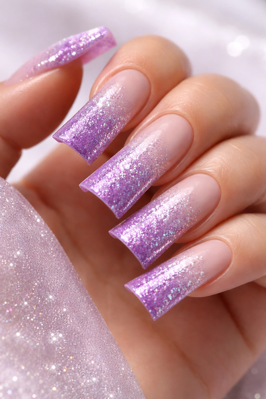 Close-up of lavender ombré duck nails with a glitter fade