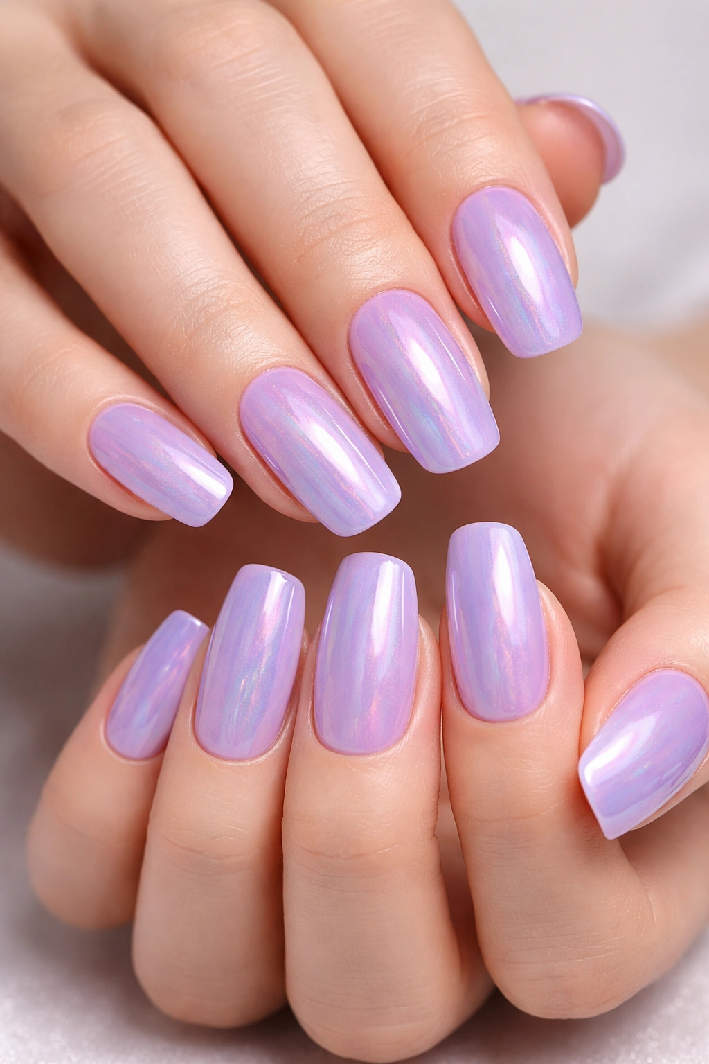 Pale lavender nails with opalescent top coat color-shifting in light