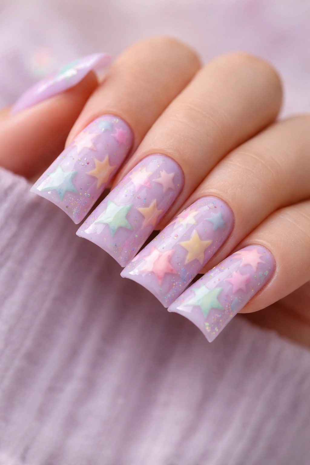 Duck nails with lavender base and pastel rainbow stars.
