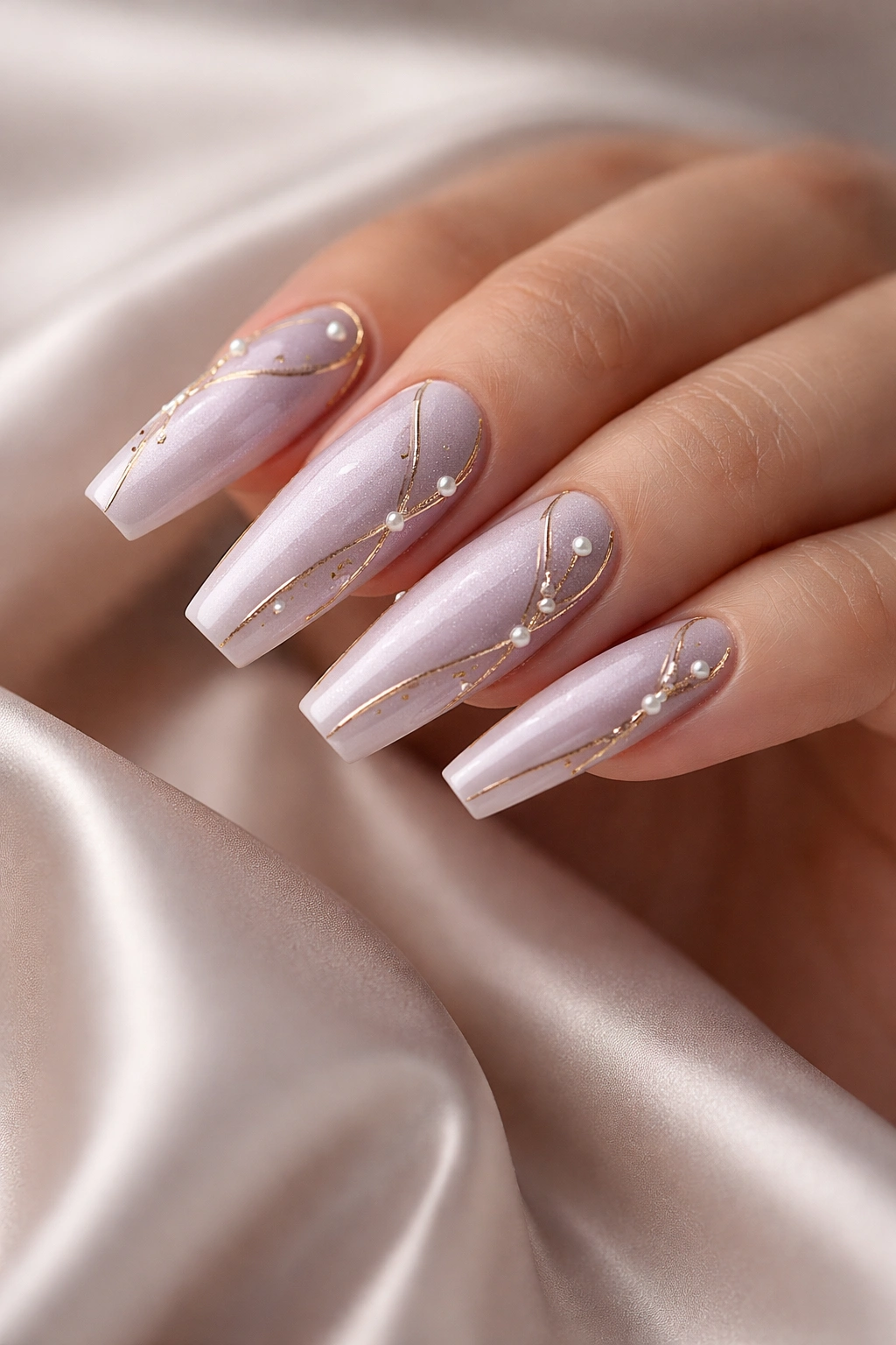 Close-up of coffin nails with soft lavender base, gold lines, and pearl accents