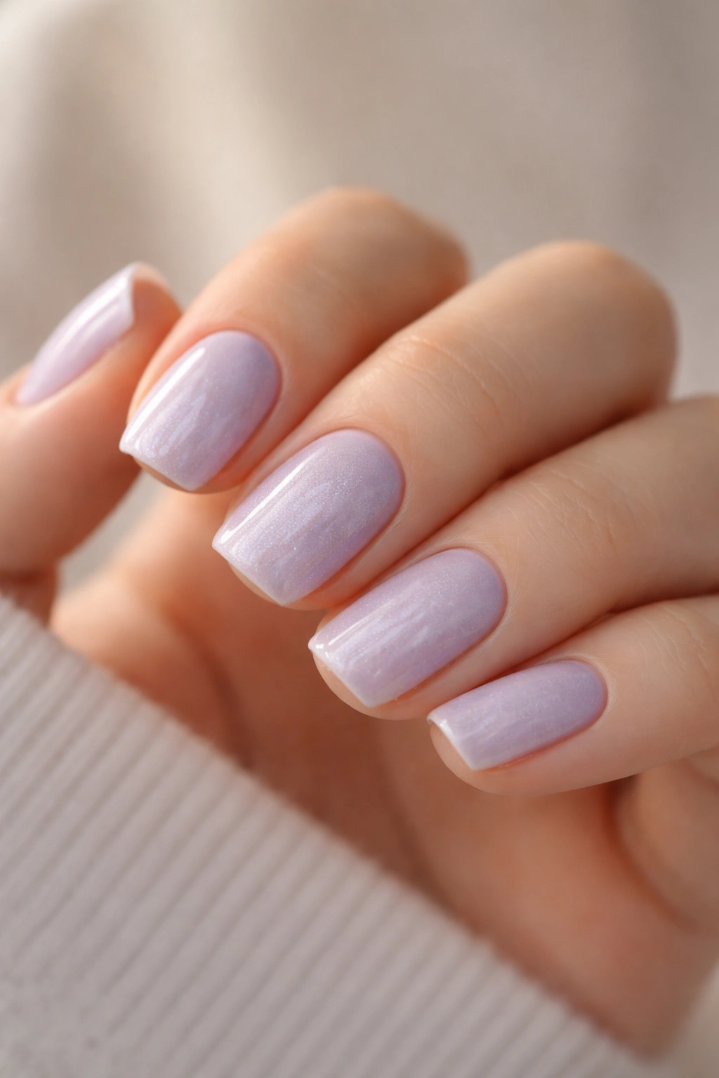 Close-up of short squoval nails in soft lavender with pearl dust shimmer