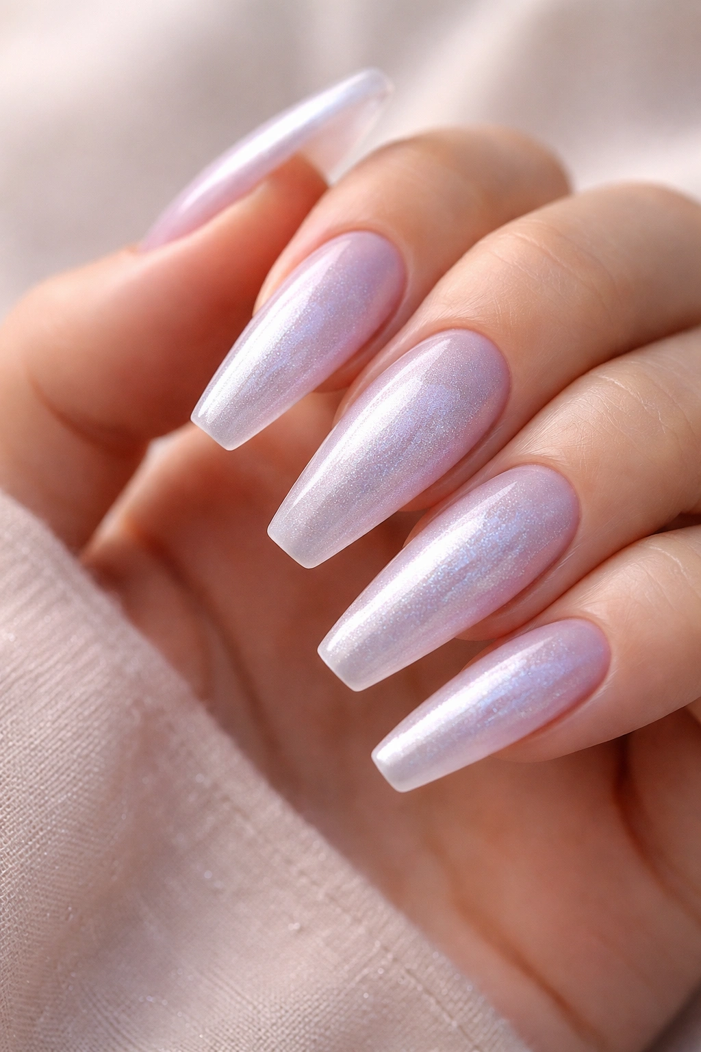 Close-up of lavender pearl ballerina nails with silver dust on a soft-lit hand