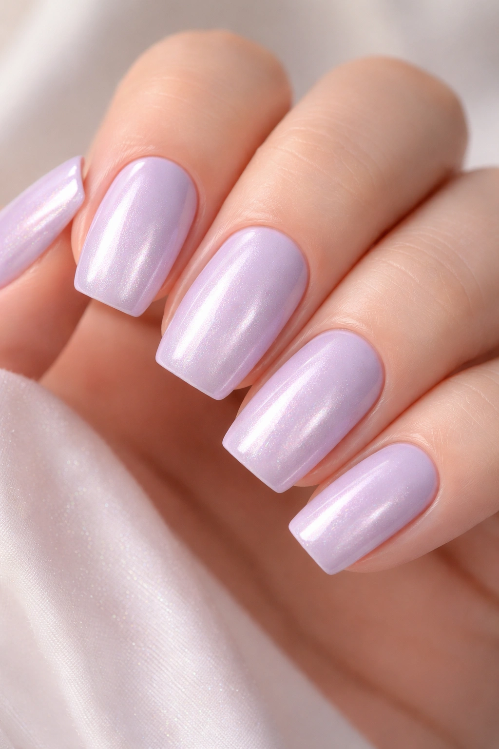 Soft lavender nails with pearl finish showing iridescence