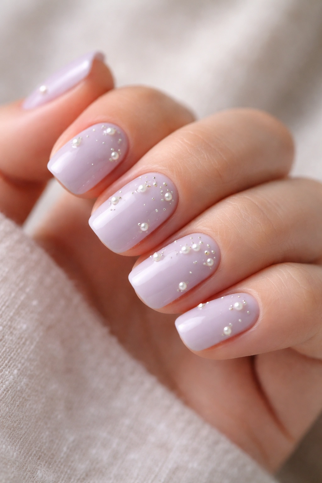 Close-up of pale lavender nails with random tiny pearl clusters