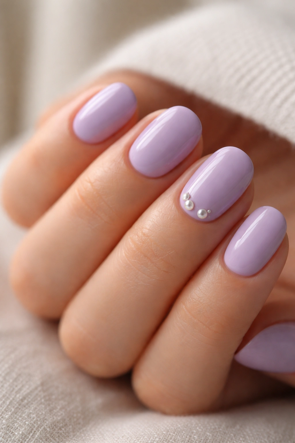 Lavender nails with tiny pearl accents on a single nail; short oval shape