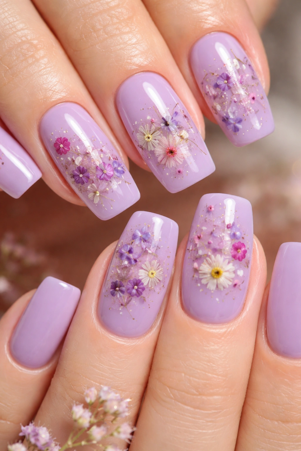 Lavender nails with pressed flowers under clear coat