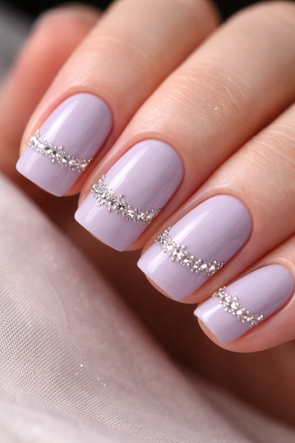 Close-up of short lavender nails with rhinestone crown at the tips