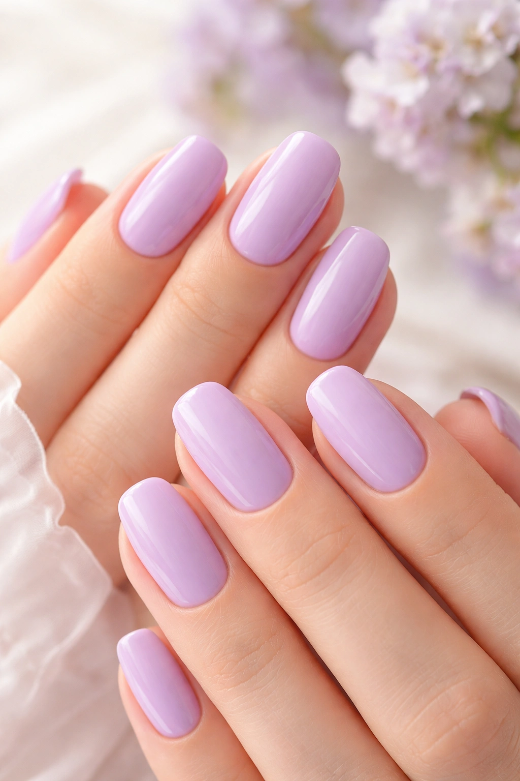 Close-up of lavender nails with soft purple hue against a light background