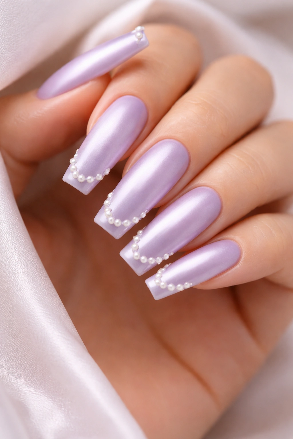 Lavender coffin nails with satin finish and pearl accents