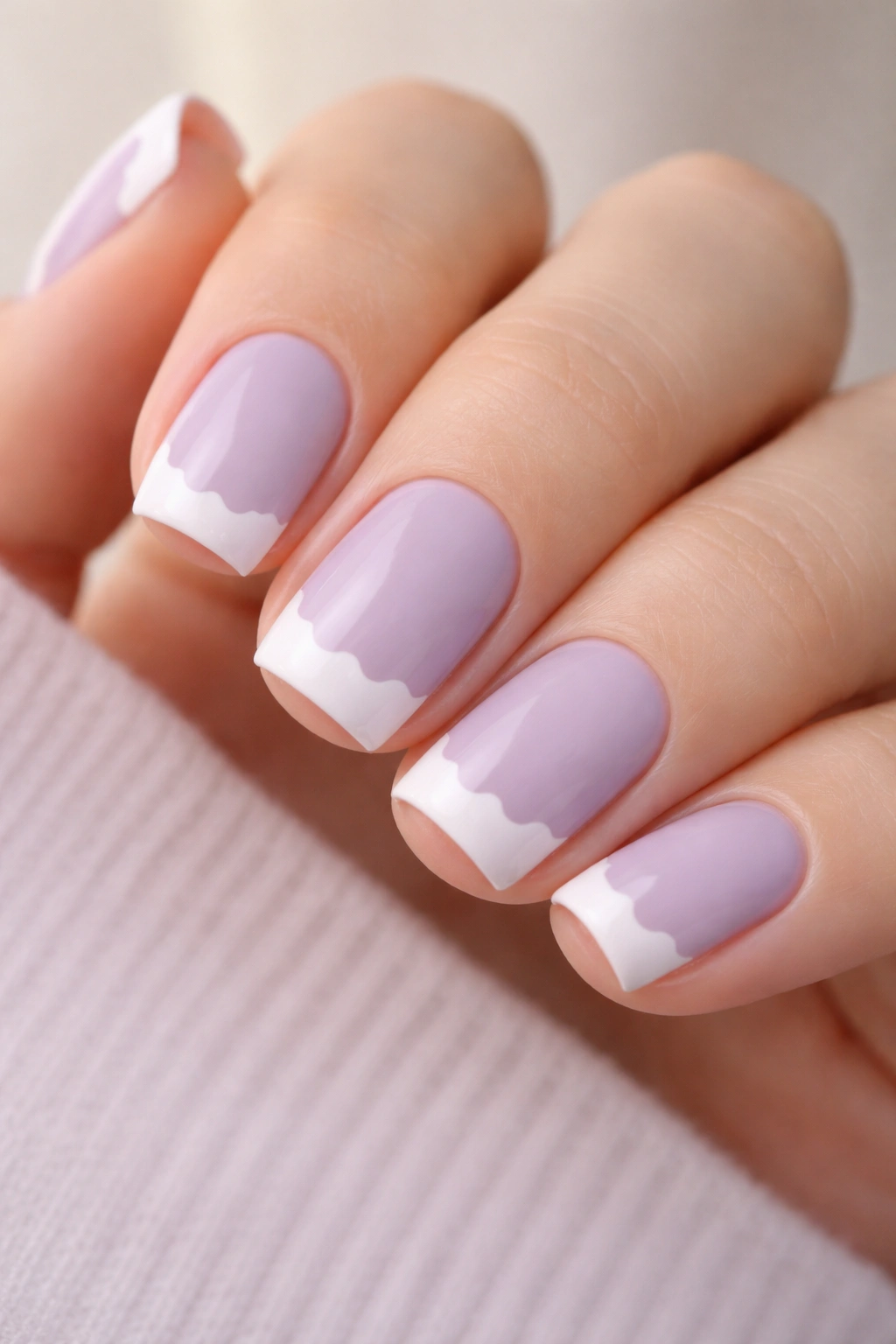 Close-up of soft lavender nails with a white scalloped edge design