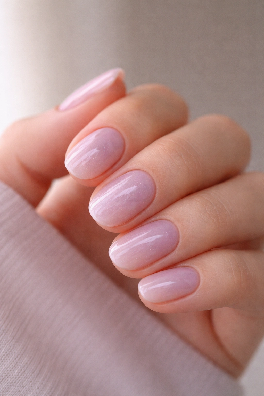 Close-up of short oval nails with sheer lavender glaze on a neutral background