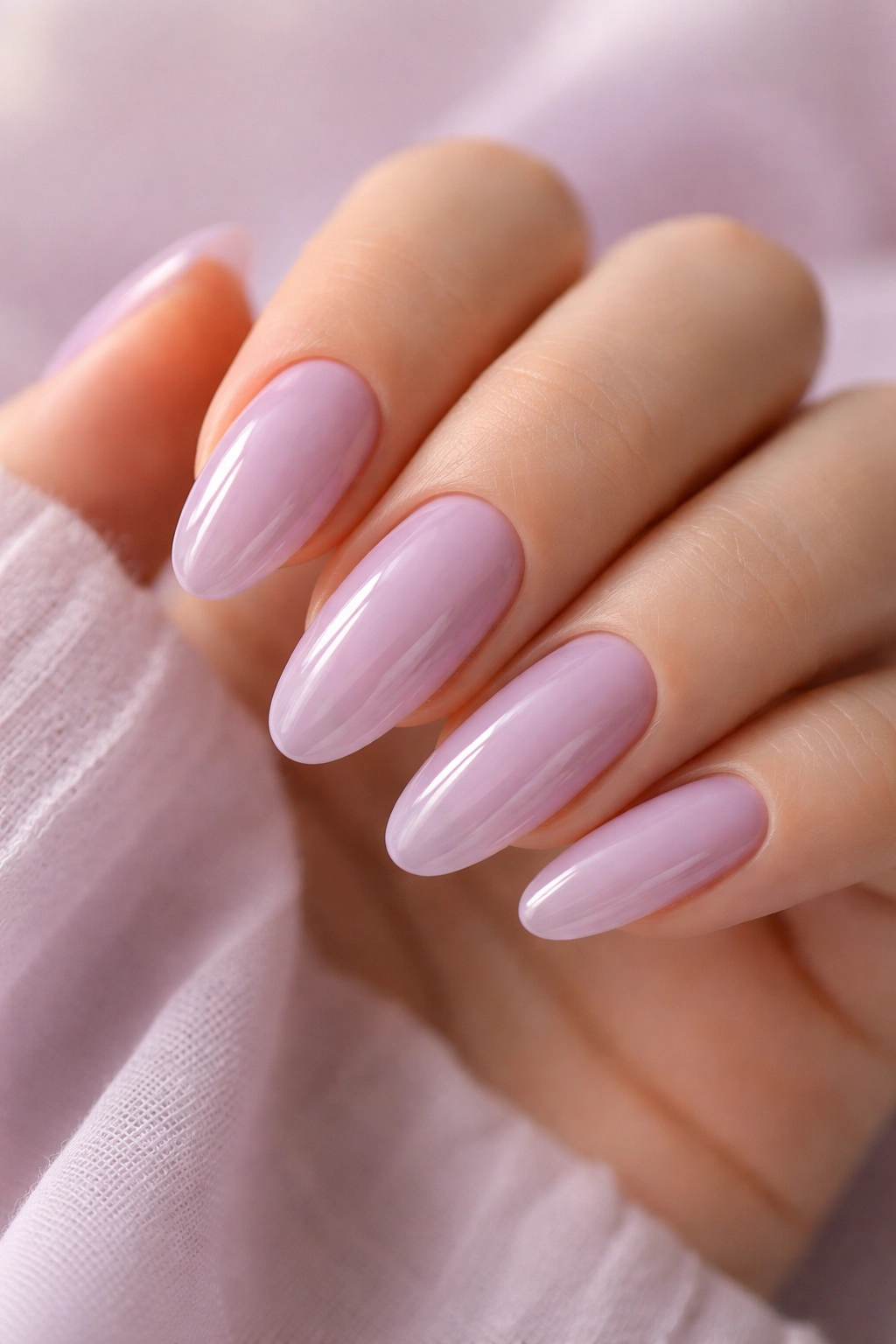 Close-up of long oval nails with sheer lavender polish and glossy finish
