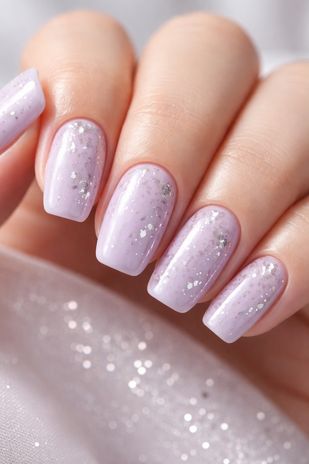 Close-up of soft lavender squoval nails with silver flakes