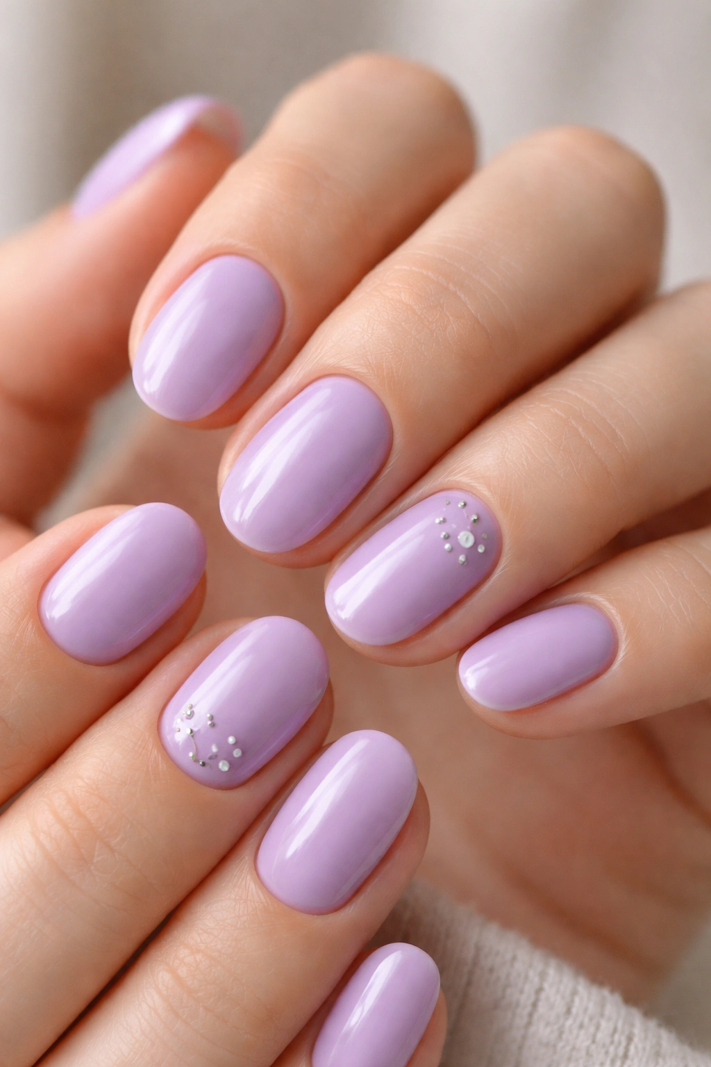 Lavender nails with tiny silver star accents on two accent nails, short oval shape