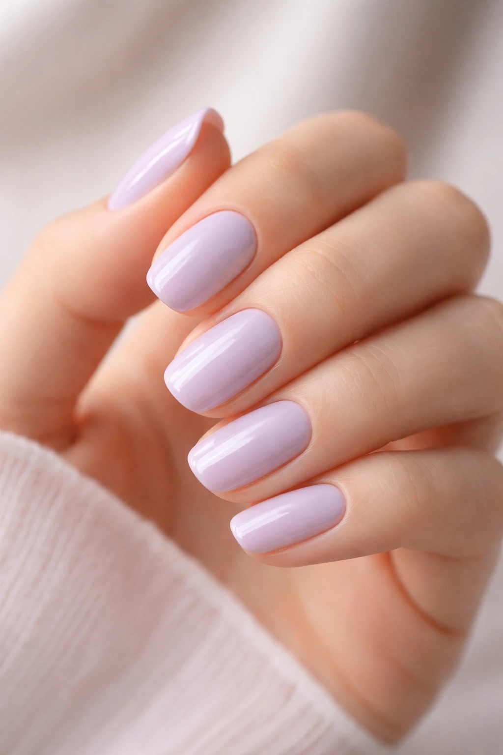 Close-up of hand with pale lavender nails for a delicate elongated look