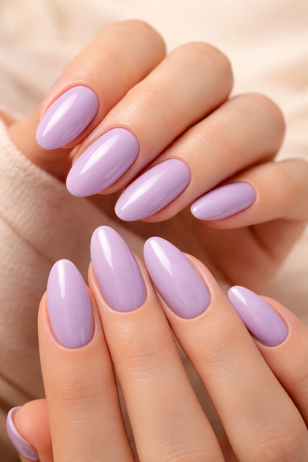 Close-up of hands with lavender nails on a neutral background