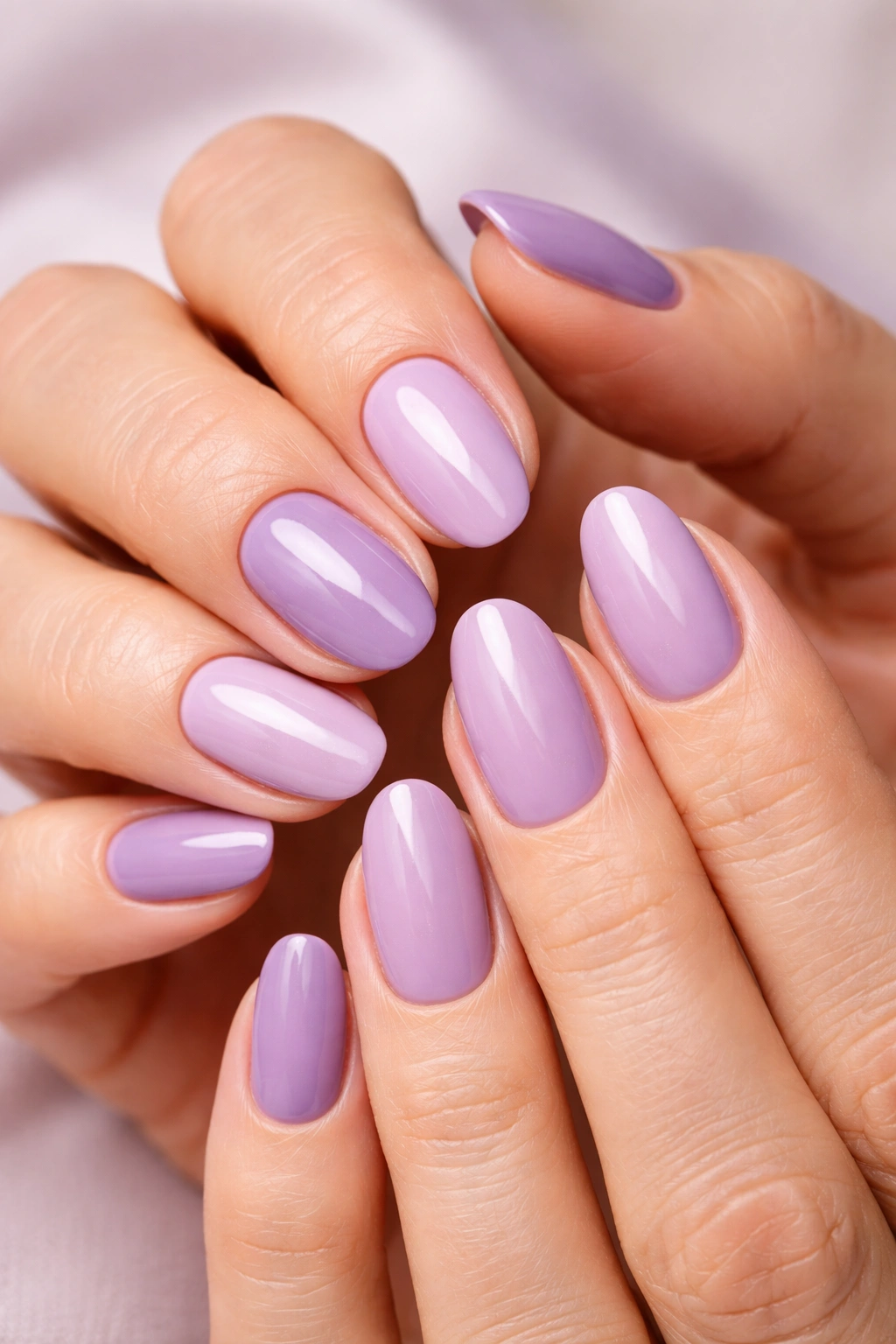 Close-up of hands with dusty lavender and soft purple nails