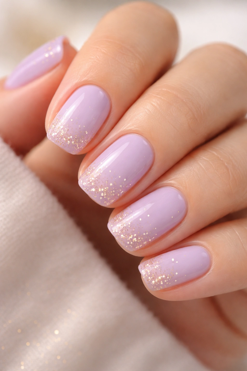 Close-up of lavender squoval nails with tiny gold sparkles