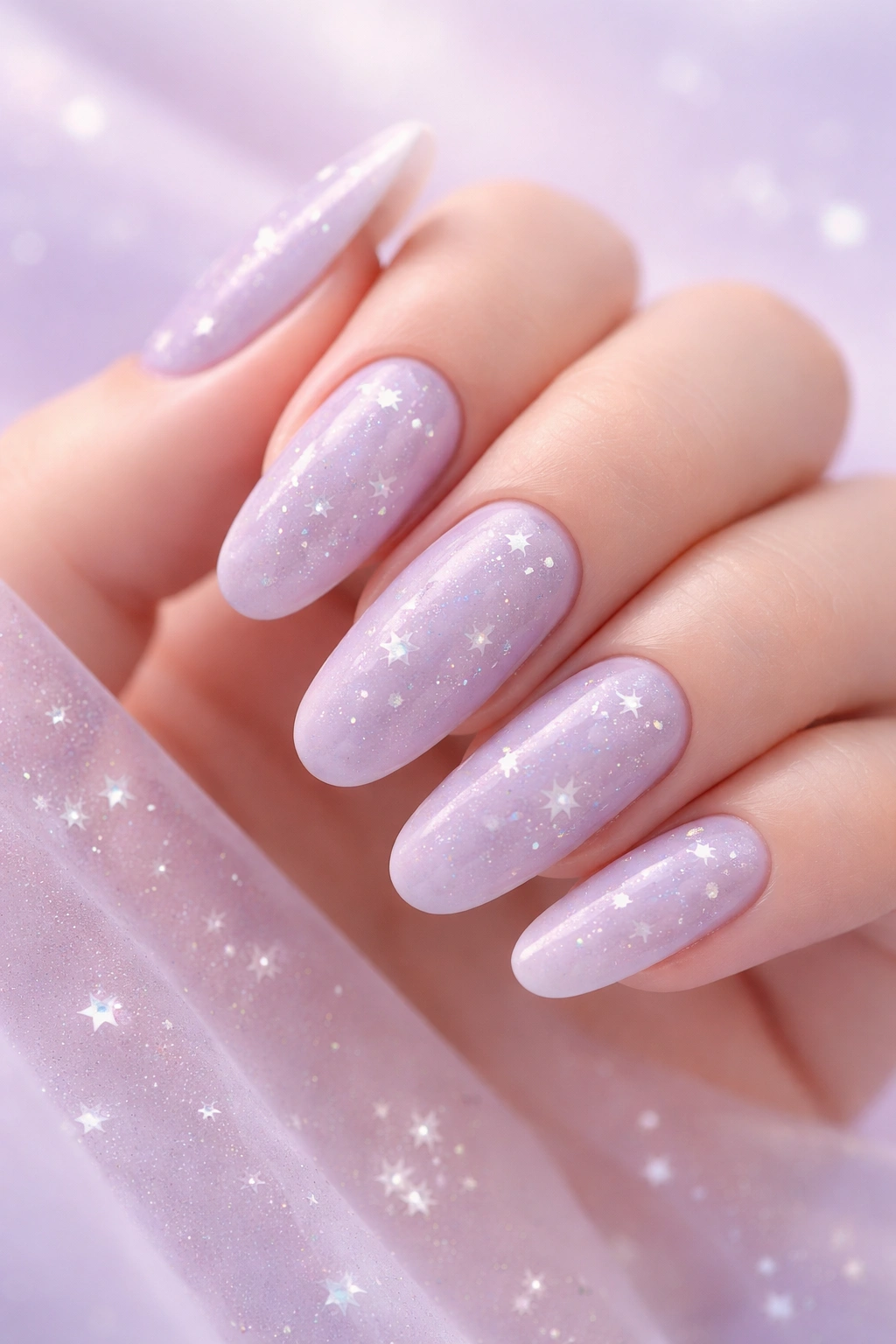 Long round nails in soft lavender with tiny star embellishments