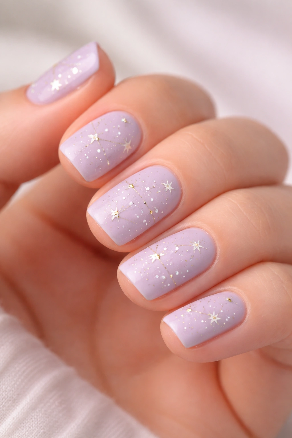 Close-up of short squoval nails in pale lavender with scattered stars