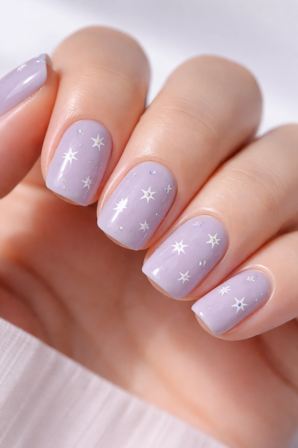 Close-up of lavender squoval nails with white stars and iridescent beads
