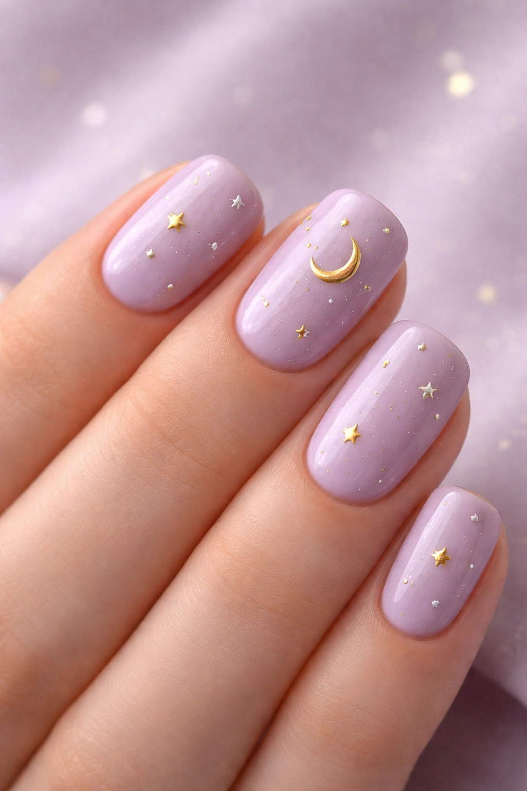 Soft lavender nails with tiny stars and crescent moons on short squoval nails