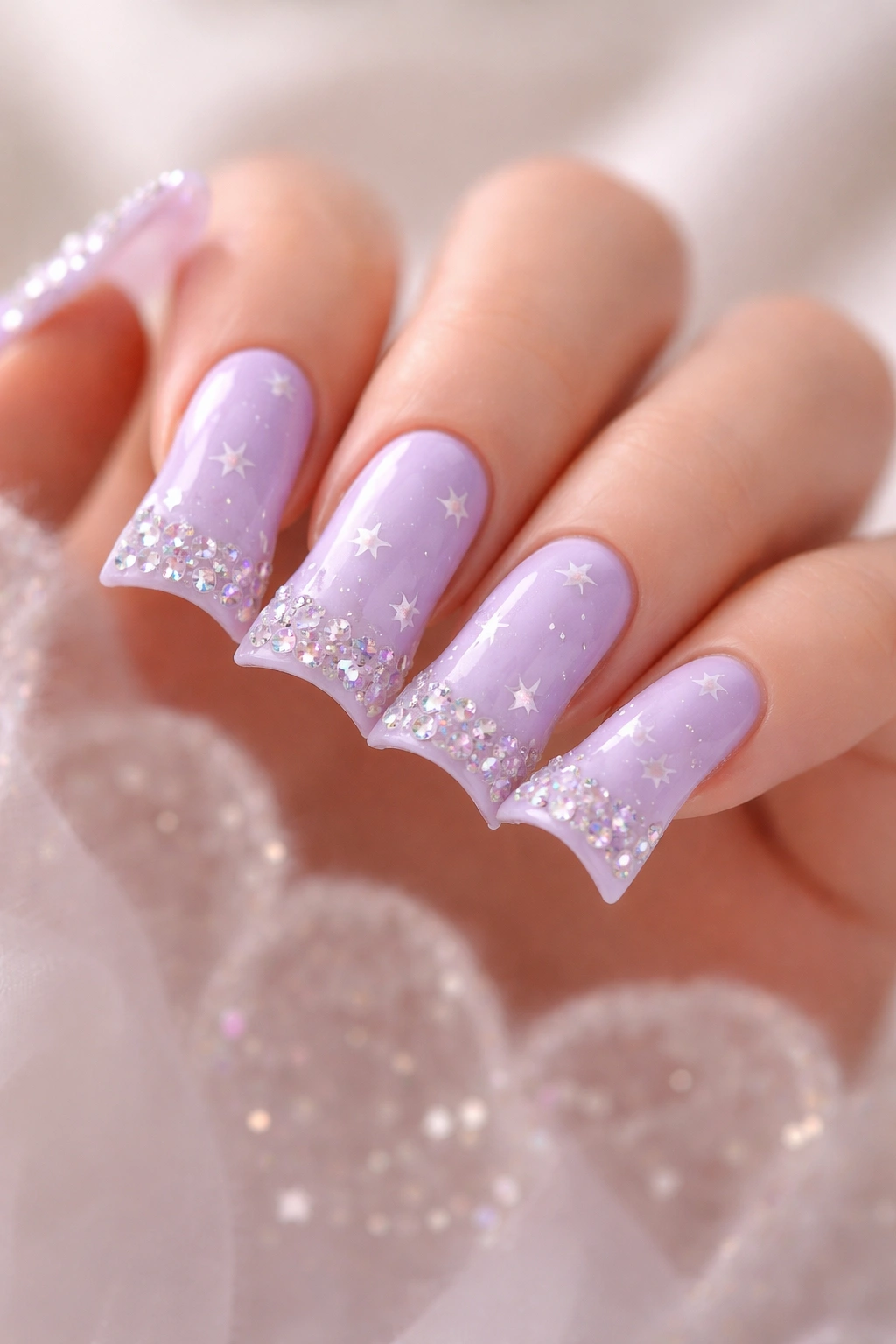 Lavender duck nails with tiny white stars and rhinestones on tips
