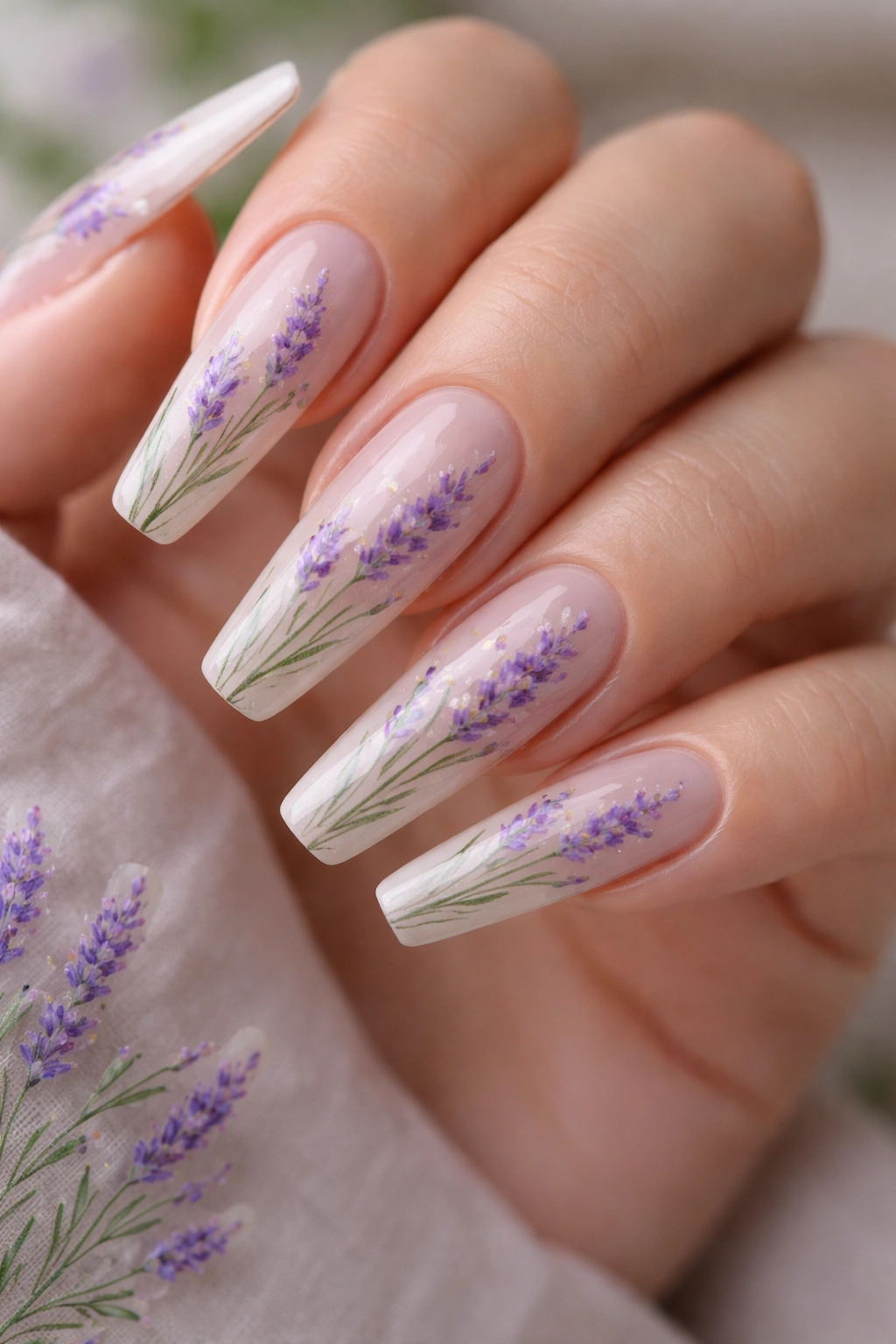 Coffin nail with lavender botanical design, tiny purple blooms on pale base