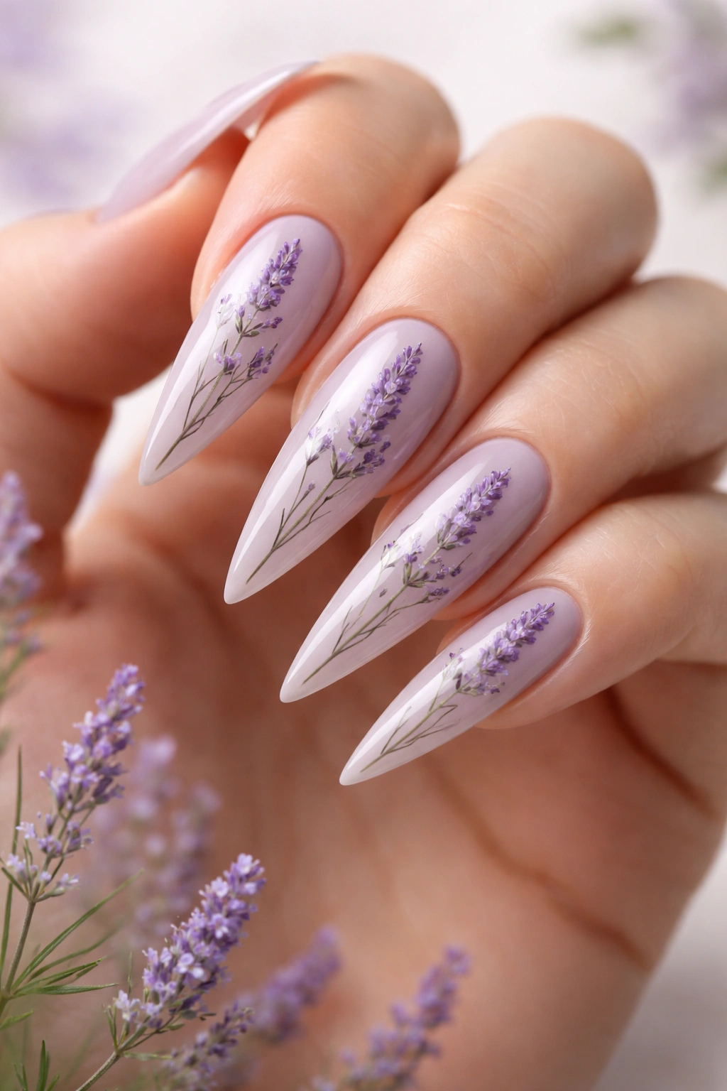 Stiletto nails with vertical lavender stems and tiny florets