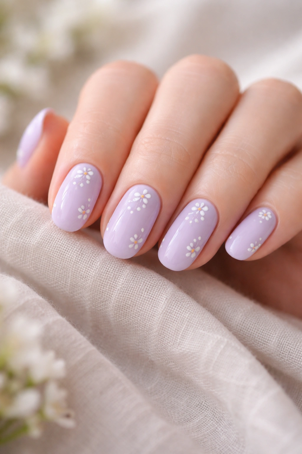Close-up of lavender nails with tiny white flowers on short oval nails