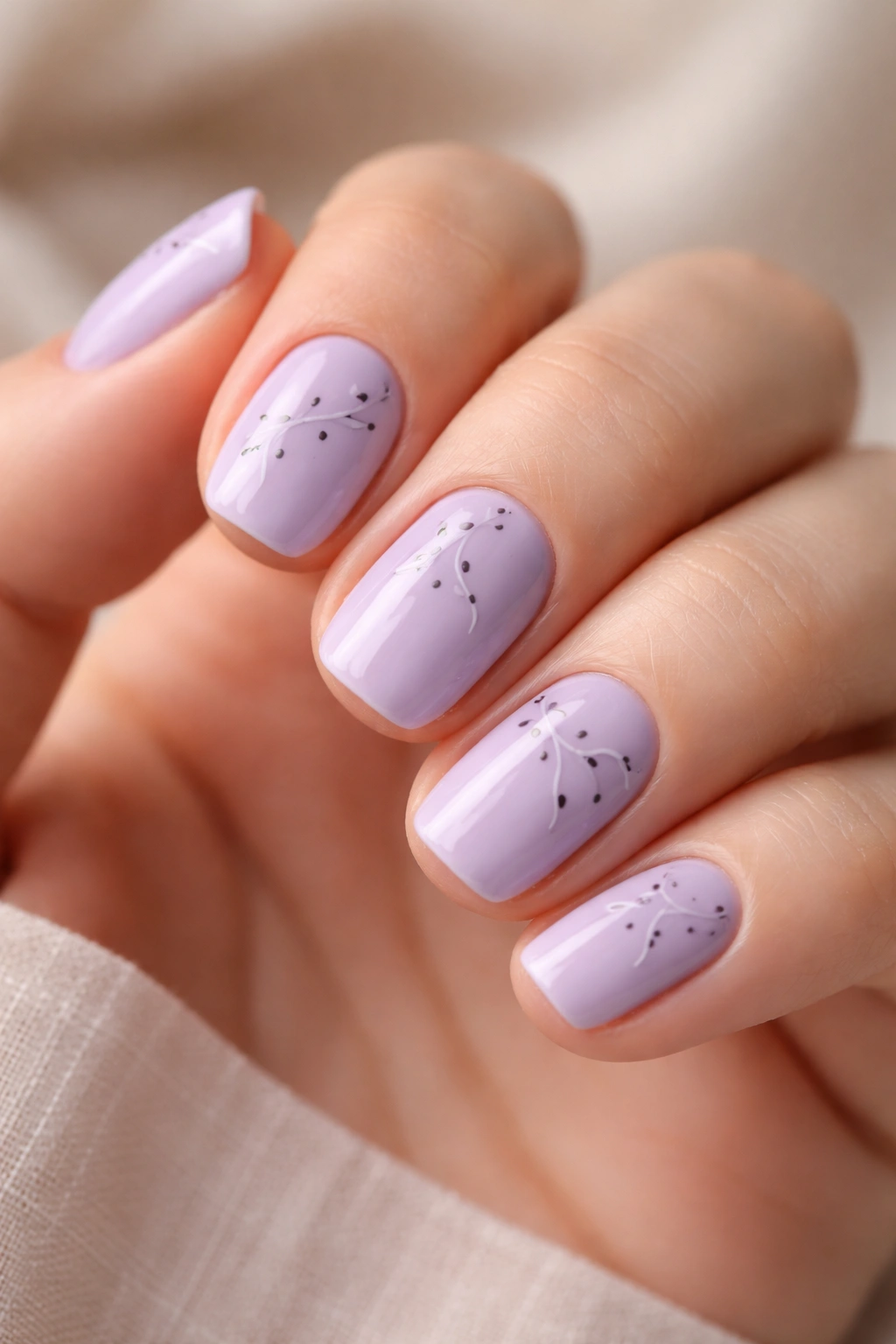 Lavender nails with minimalist vine lines and tiny dot leaves.