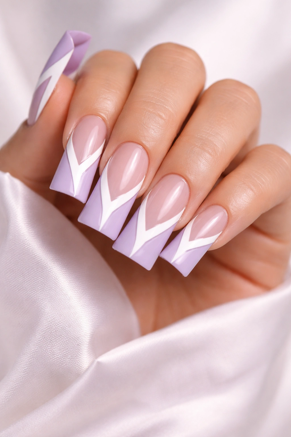 Lavender duck nails with white negative-space geometric lines