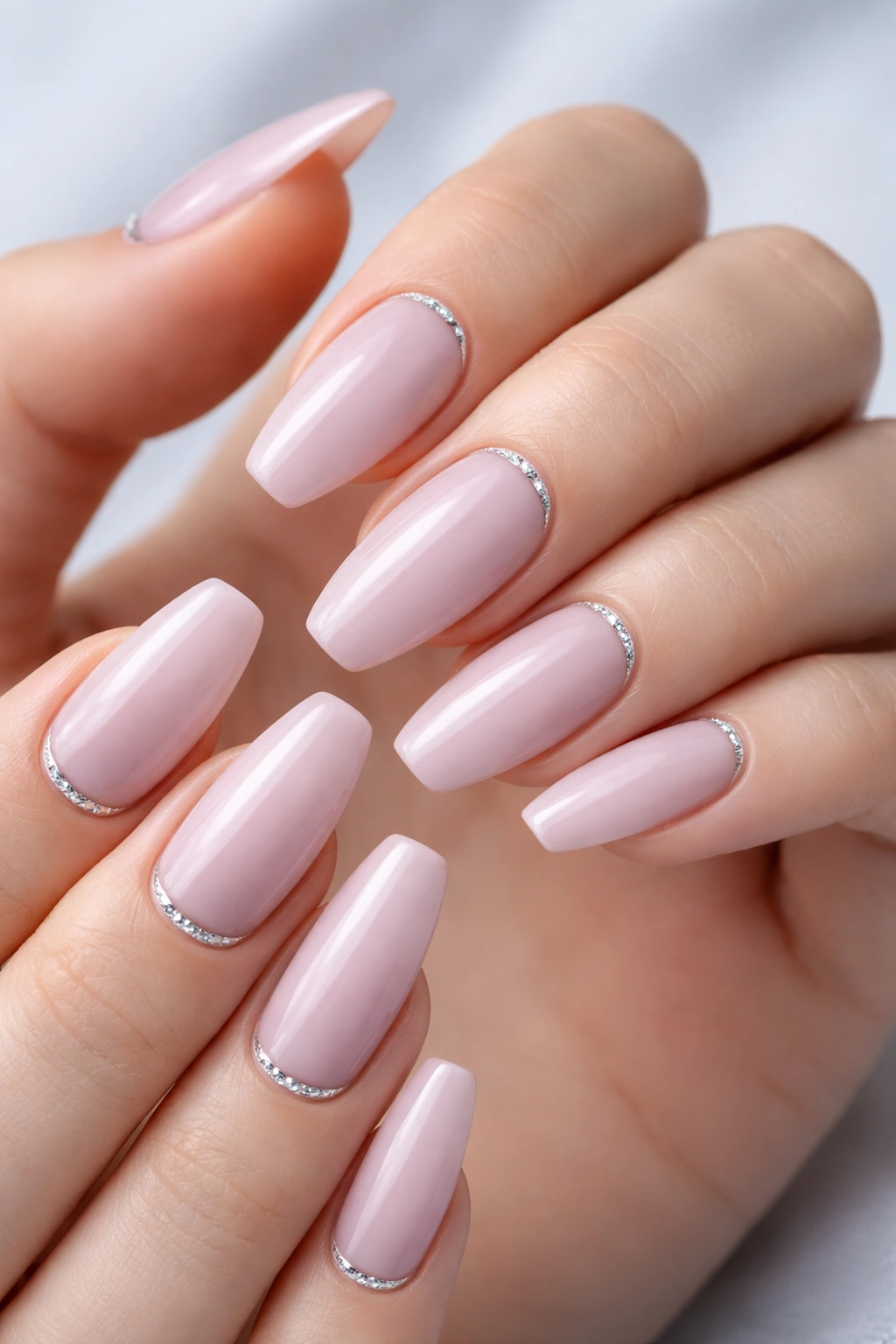 Close-up of nails with soft lavender nude base and silver half-moon cuticle accents