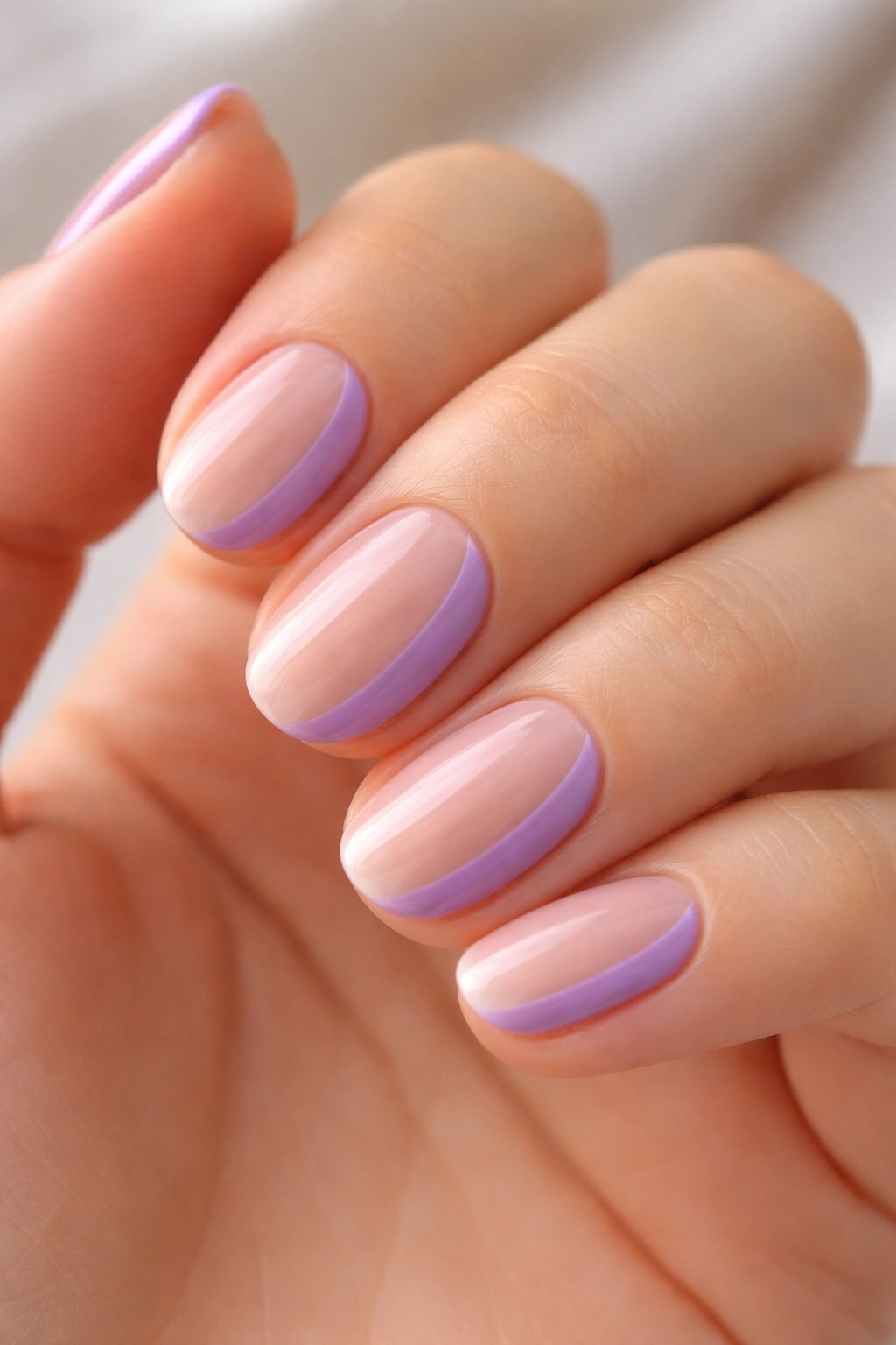 Nude base with lavender side French on short oval nails