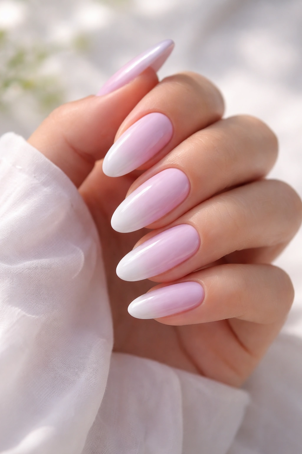 Close-up of long oval nails with soft lavender to white ombre