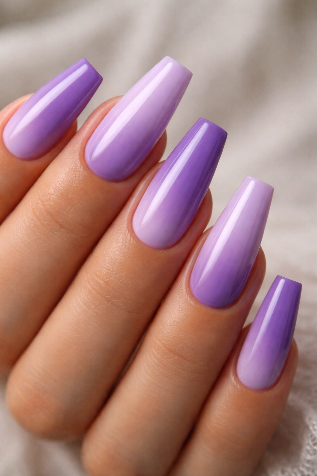 Coffin nails with light lavender and deep lavender ombre