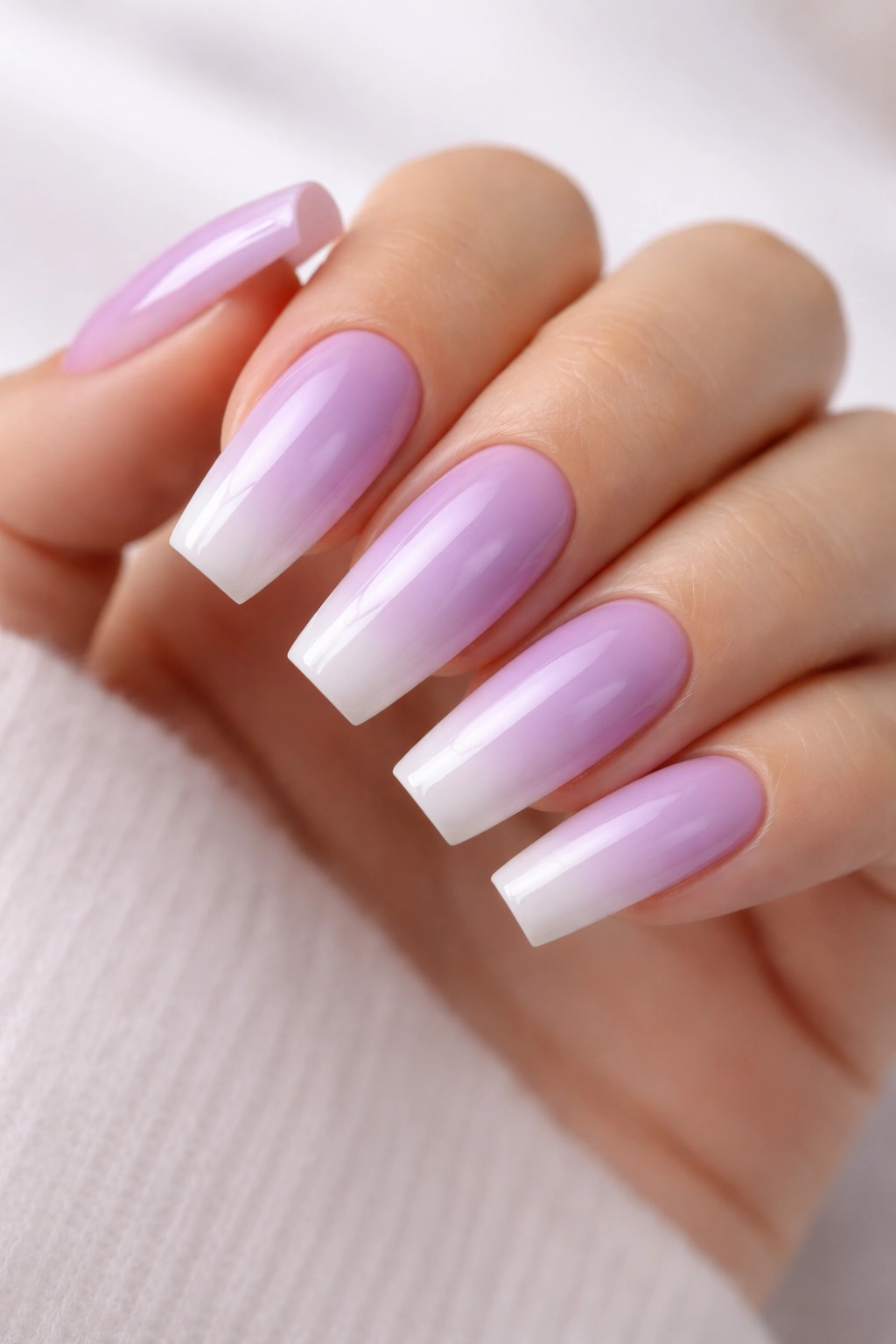 Close-up of coffin nails with a glossy lavender-to-white ombre on medium-length nails