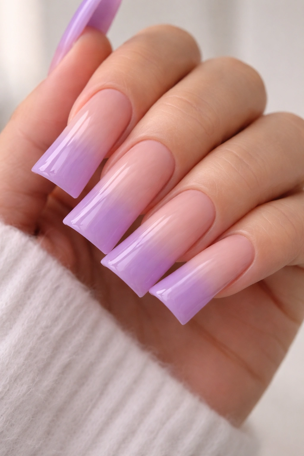 Duck nails with nude base and lavender ombré gradient