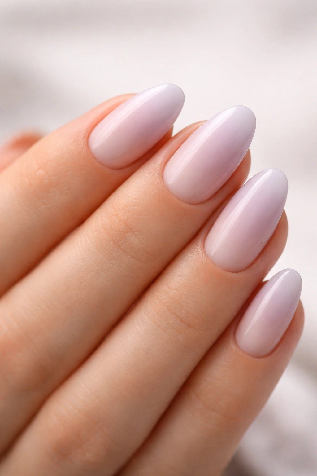 Close-up of short almond nails with lavender ombre from pale lilac base to near-white tips
