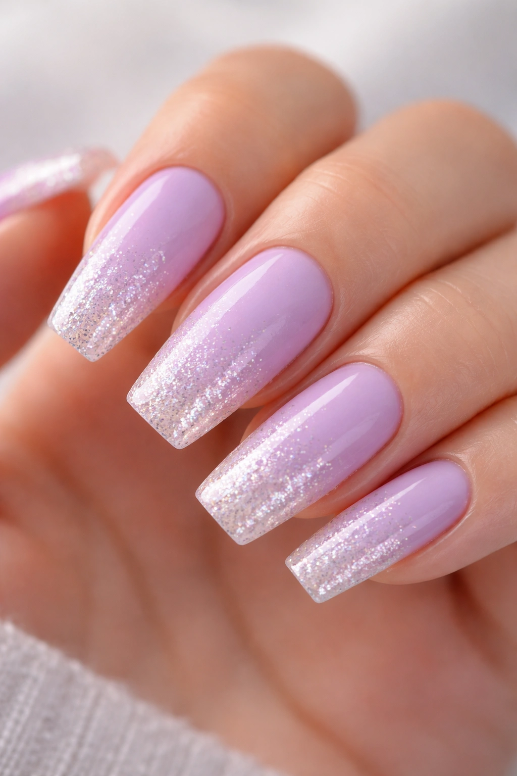 Lavender nails fading to clear tip with ombré shimmer