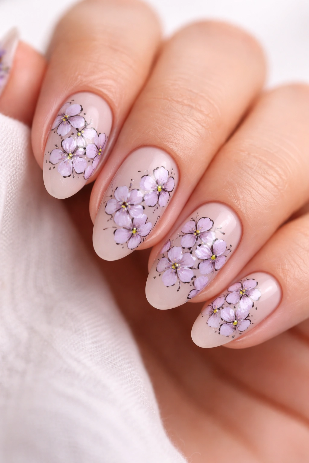 Close-up of pastel lavender blossoms with black outlines on nude almond nails