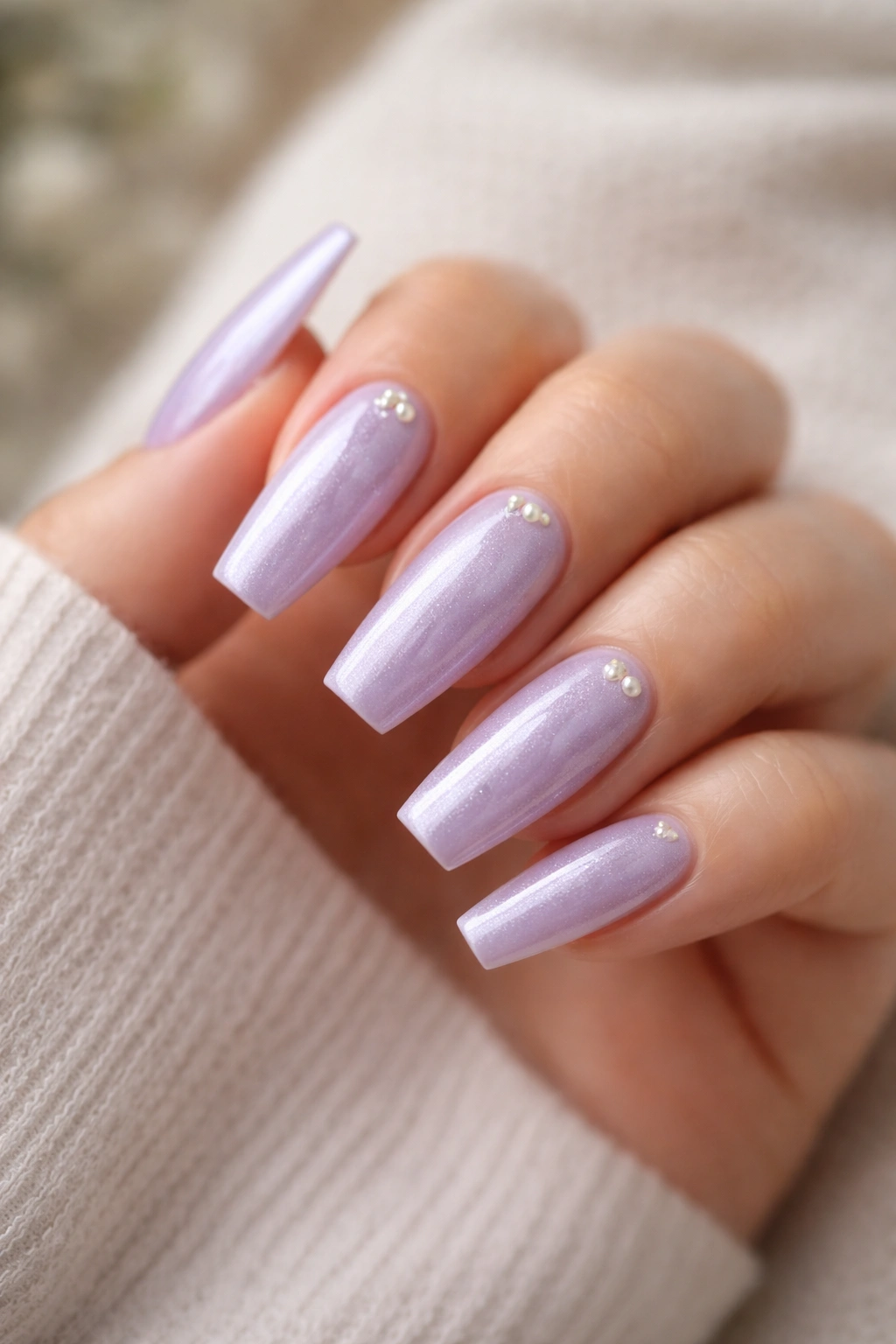 Lavender coffin nails with subtle pearl accents and iridescent sheen
