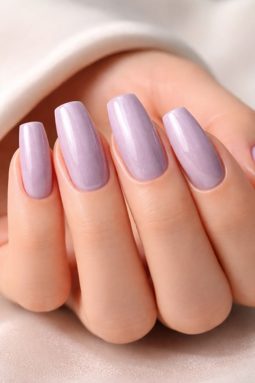 Close-up of soft lavender long squoval nails with pearl shimmer